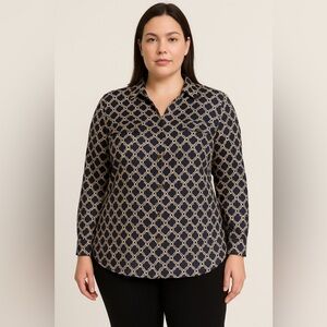 Jones New York Signature Woman Stretch Blouse 1X Navy Ecru Chain Link Button-Up